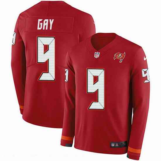 Nike Buccaneers 9 Matt Gay Red Team Color Men Stitched NFL Limited Therma Long Sleeve Jersey